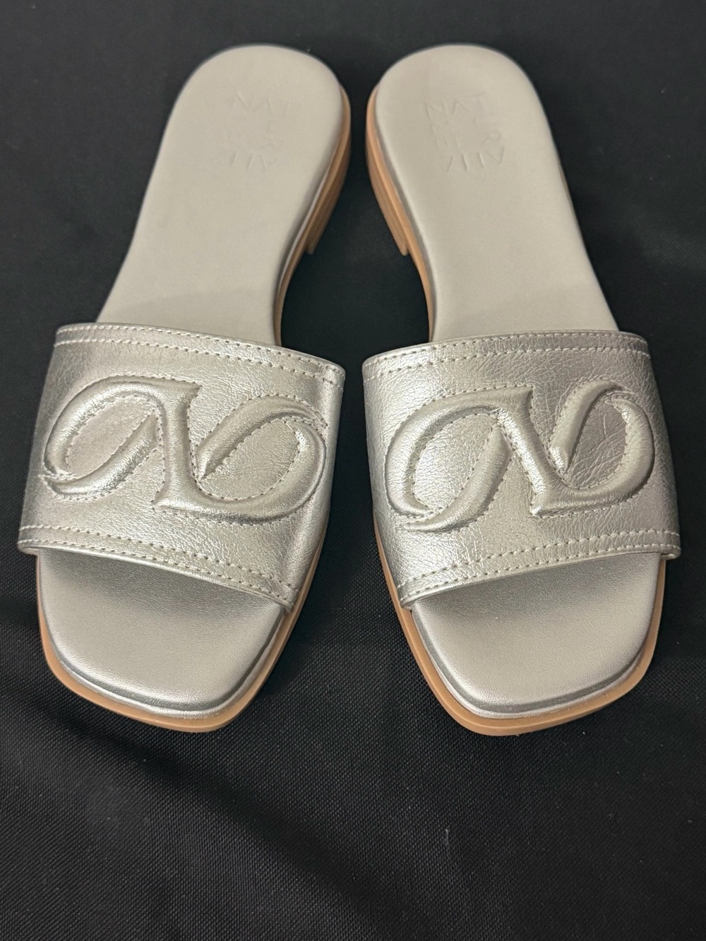 Metallic Silver Slide Sandals with Embroidered Strap